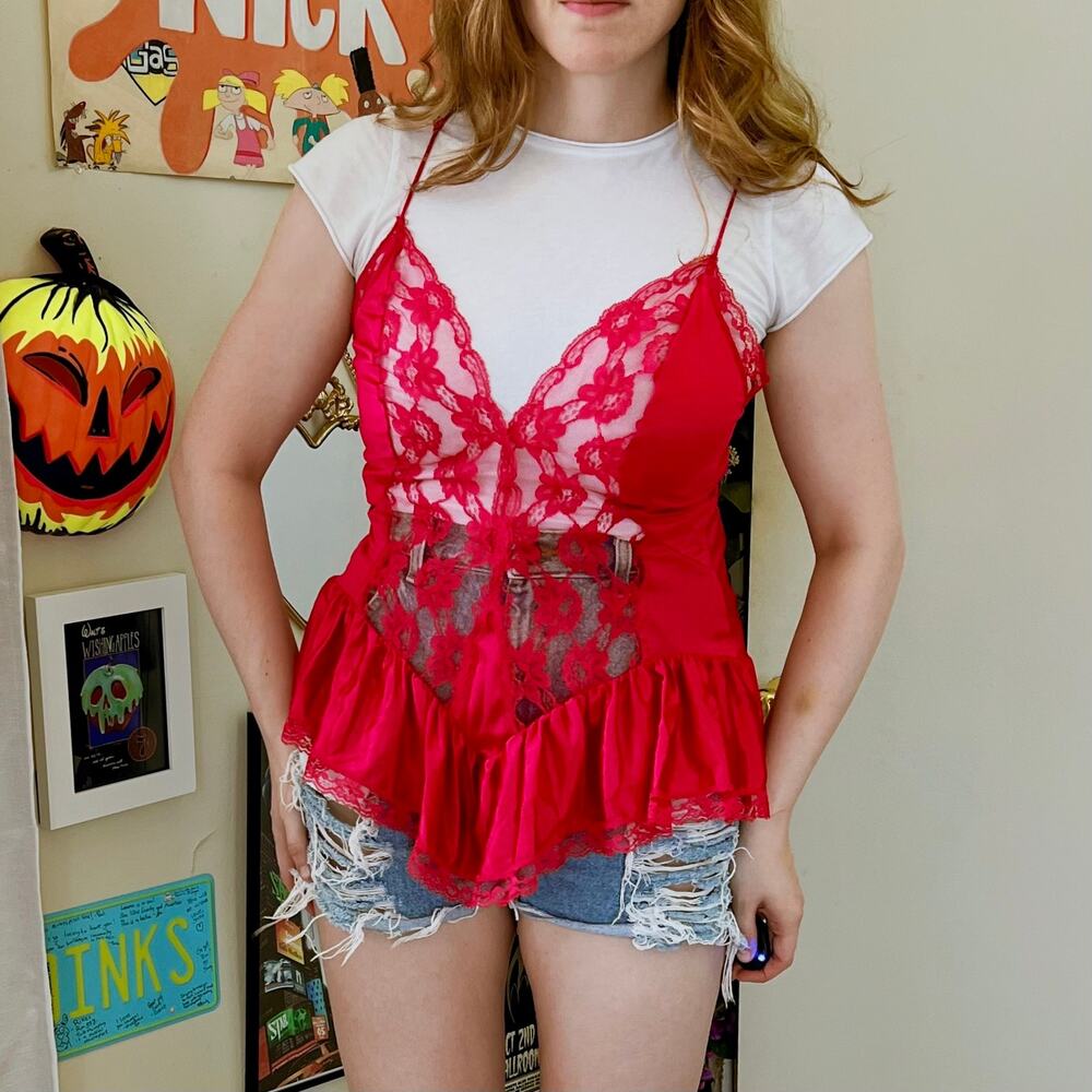 Vintage 1980s Wendy Ann Red Lace Camisole Size Medium Lingerie